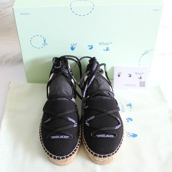 Off-White c/o Virgil Abloh Black & White Canvas Striped Lace-Up Espadrille Flat - Picture 6 of 16